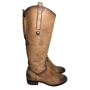 Arturo Chiang Tan Leather Riding Boots Crest Buttons Burnished Knee High 8MW 38